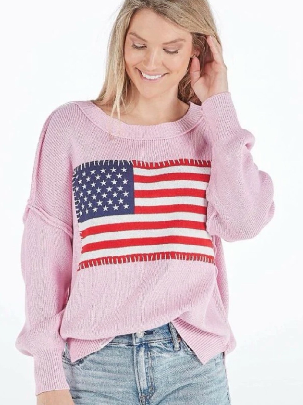 Simply Southern Pink Crewneck Sweater with Flag Graphic